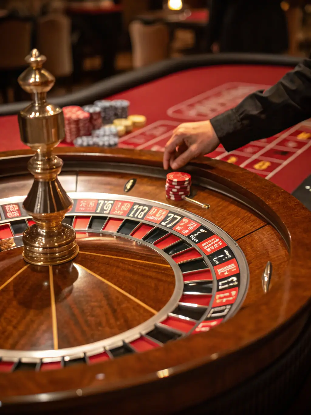 A sophisticated image displaying a roulette wheel in motion at 44 bet, surrounded by betting chips and a luxurious casino setting, capturing the anticipation of the game.