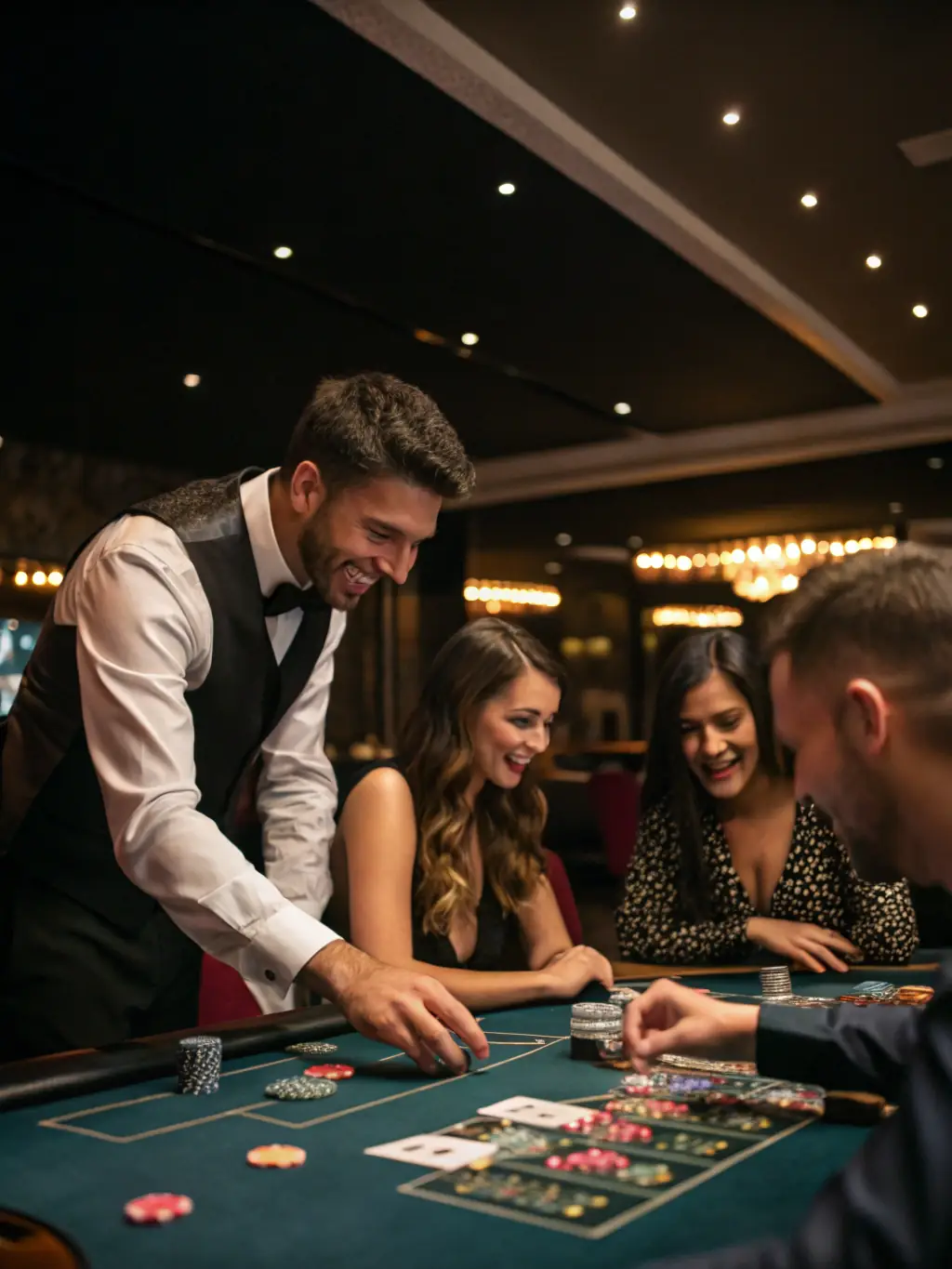 An elegant image depicting a live dealer at a blackjack table in 44 bet, with players engaged in the game, creating an atmosphere of real-time excitement and interaction.
